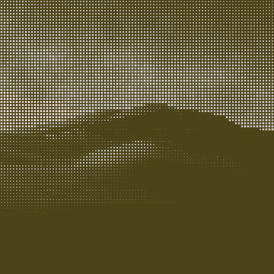 Paysage de montagnes retramé en demi-teintes claires sur fond olive.