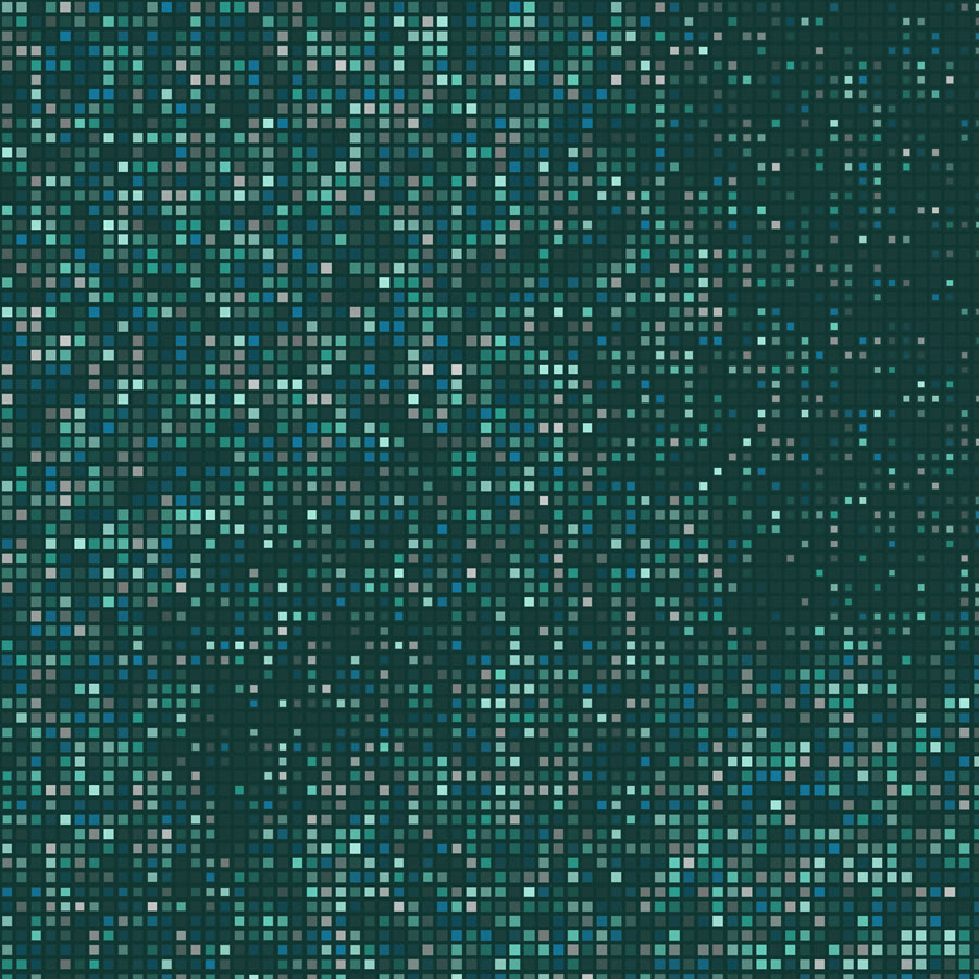 Trame régulière de points turquoise et gris sur fond vert sombre.