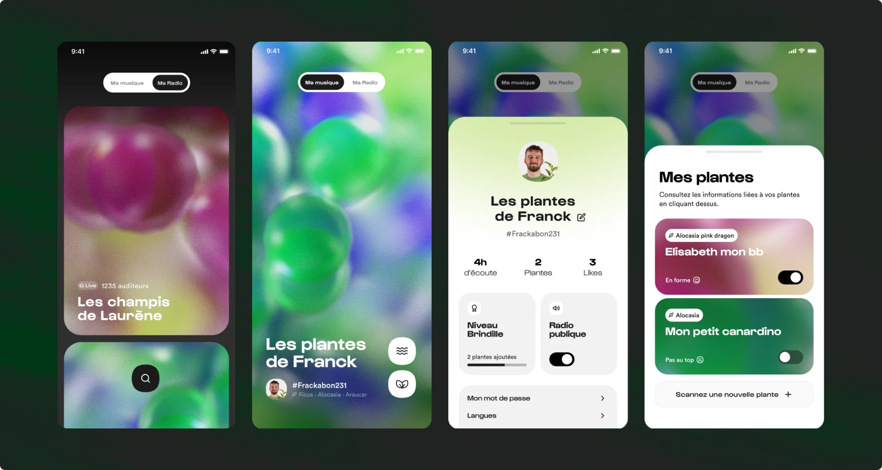 Écrans de l'application mobile Phillali, autour du soin des plantes.