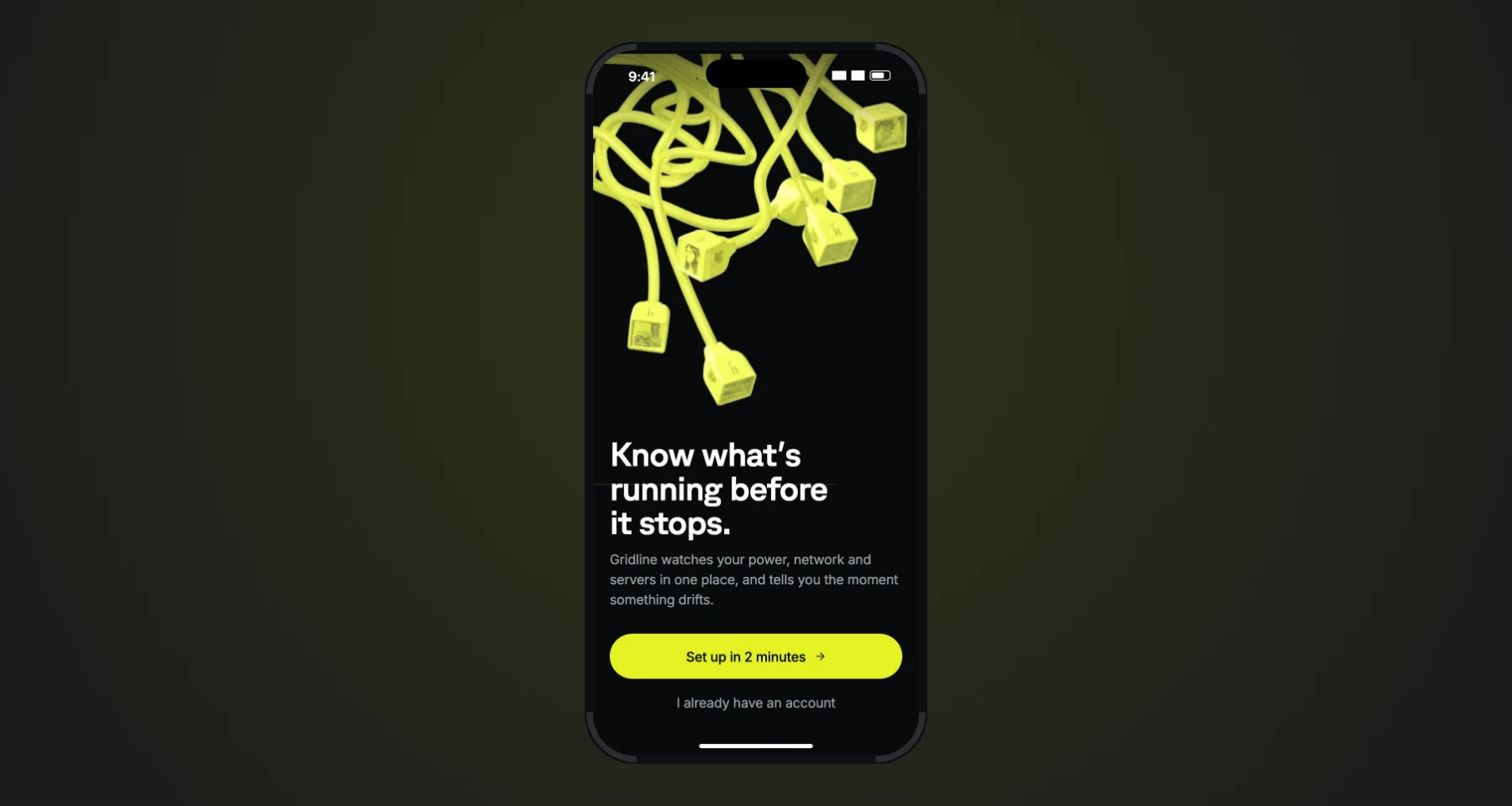 Écran d'accueil de l'application Gridline : câbles jaunes emmêlés, titre « Know what's running before it stops. » et bouton de démarrage.